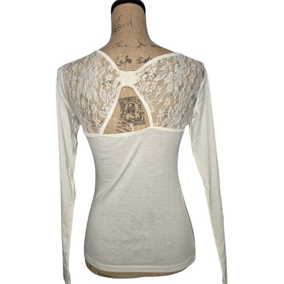 NWT Poof Women’s Cream Long Sleeve Lace Back Top Sheer Panel Keyhole Small - Picture 4 of 6